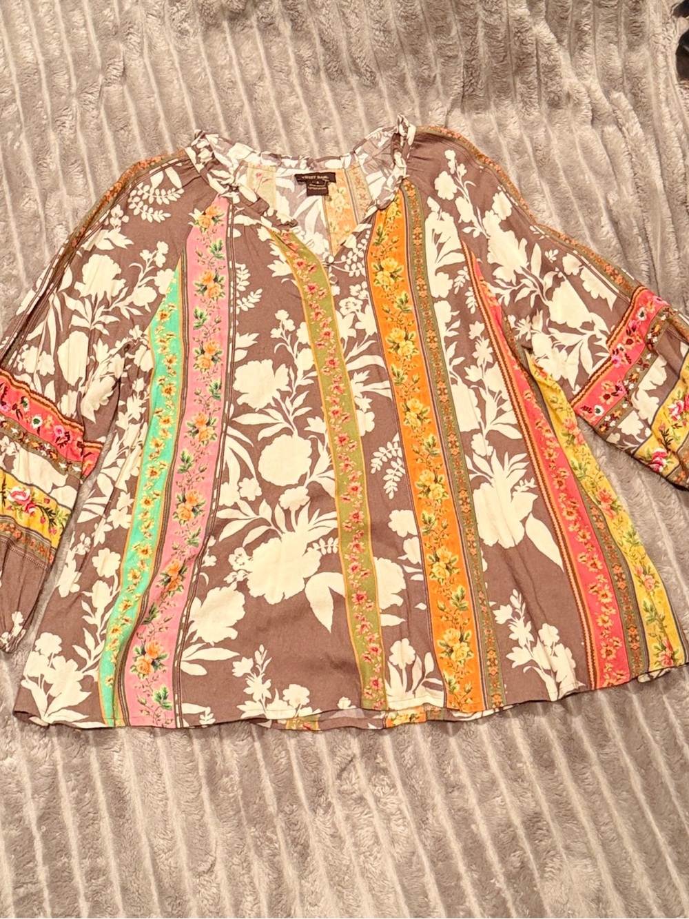 Vineet Bahl Striped Floral Boho Blouse in Brown with Multicolor Accents